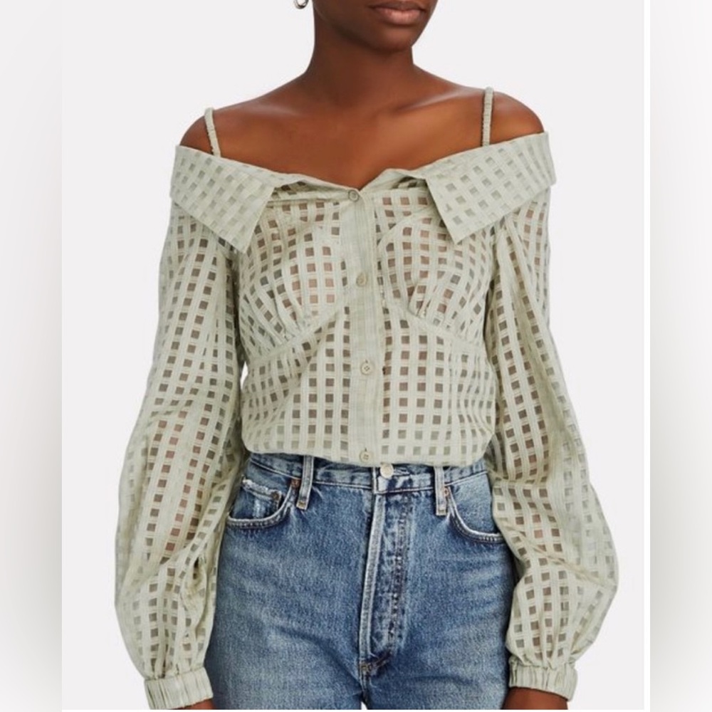 Jonathan Simkhai Paulina sheer windowpane top in Celadon XS